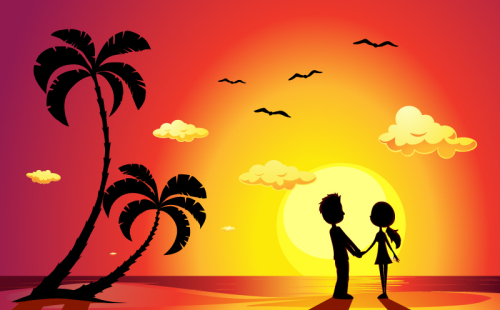 A couple of beach lovers under the setting sun