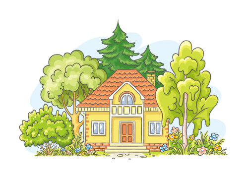 Cartoon house and tree vector material