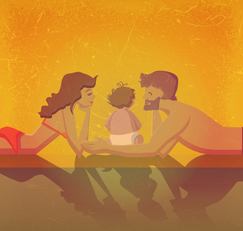 Beach resort family of three vector